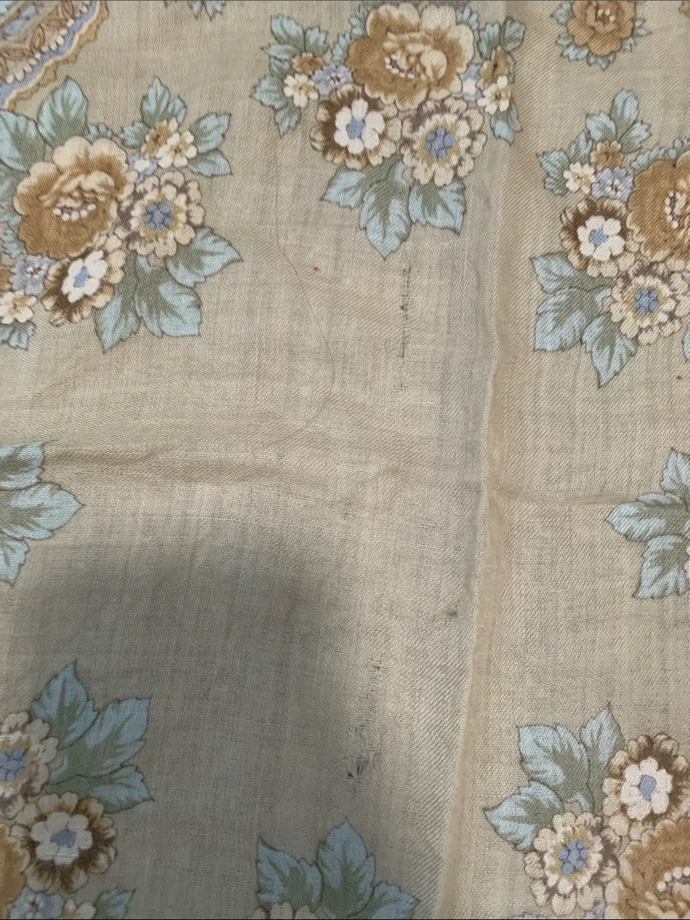Vintage Liz Claiborne Floral Frayed Edges Wool Scarf in Sage Green and Beige